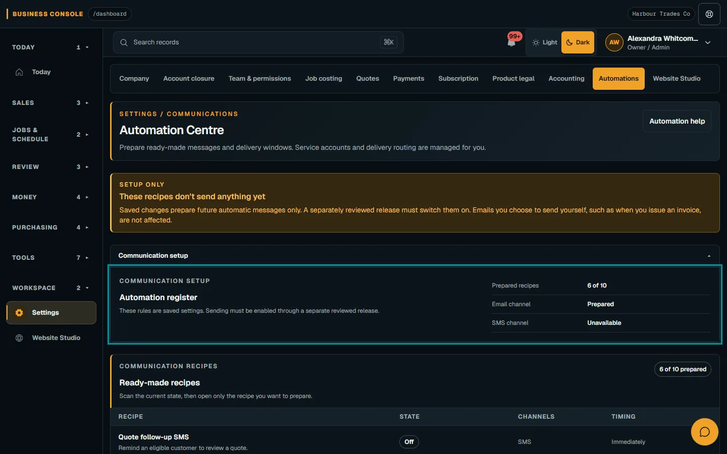 Review automations and message delivery: Review the automation register on desktop