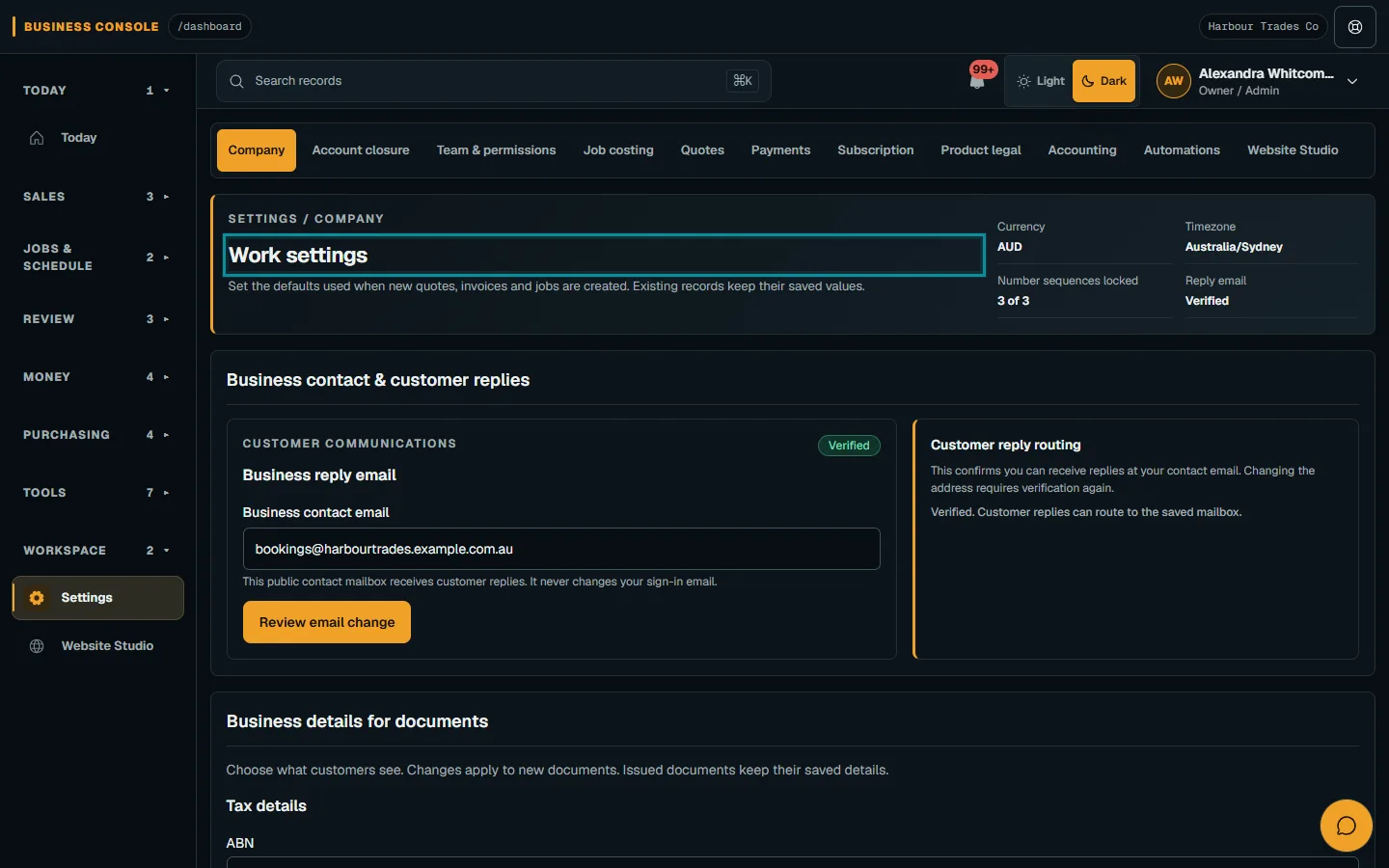 Review company and document defaults: Open Work settings on desktop