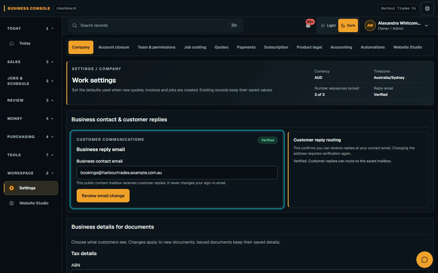 Review company and document defaults: Review document settings on desktop
