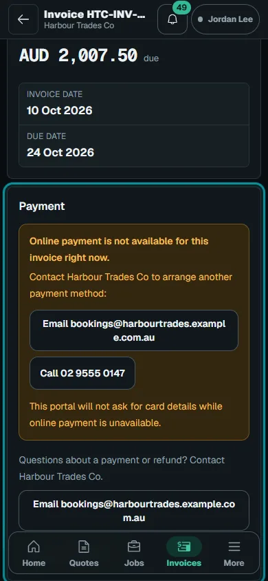 Nenvik demo customer invoice on a phone with the Pay invoice area highlighted