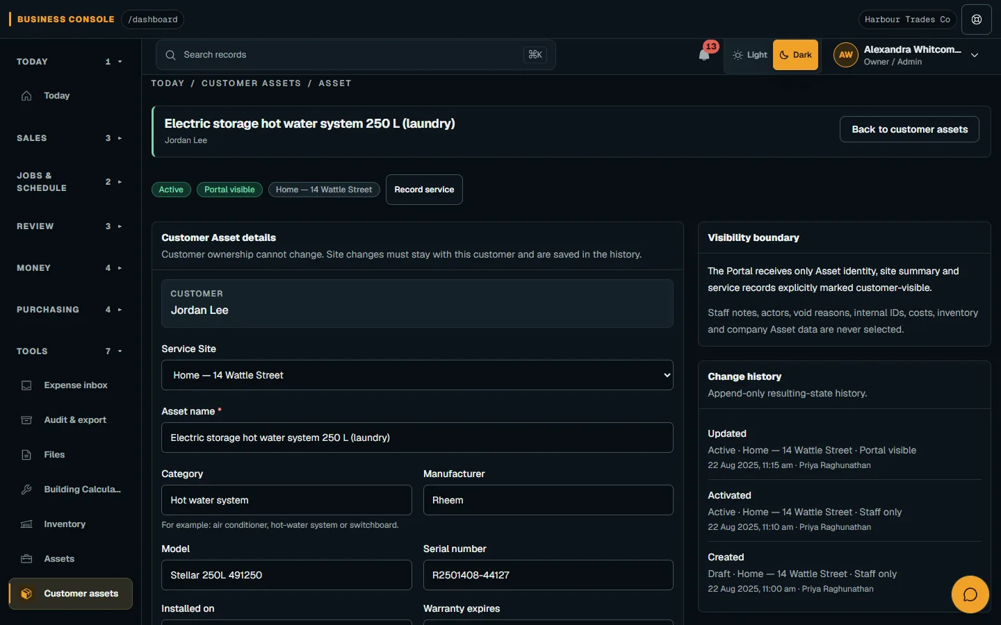 Nenvik demo customer asset detail on desktop for activation and customer portal visibility