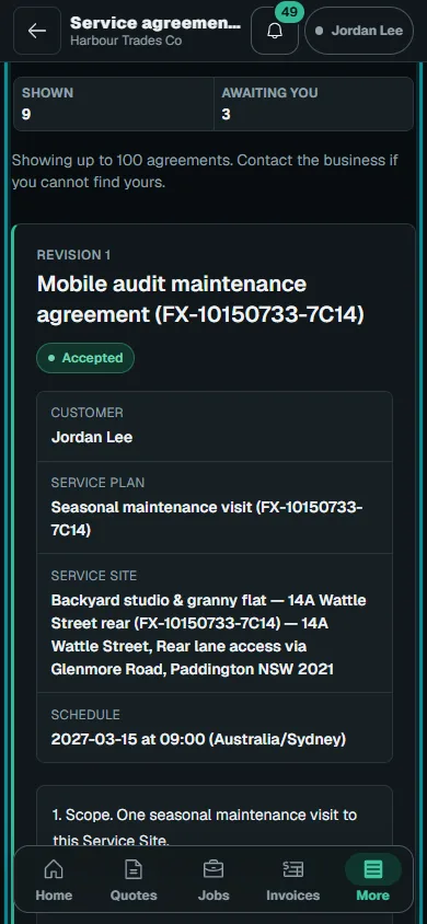 Review customer agreements and assets: Open Agreements on phone