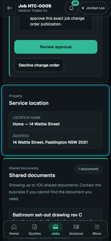 Review shared jobs and customer invoices: Review documents and changes on phone
