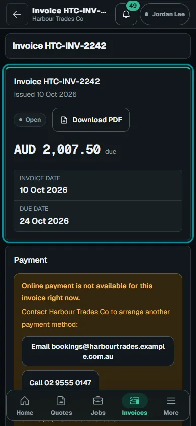 Review shared jobs and customer invoices: Open the invoice on phone