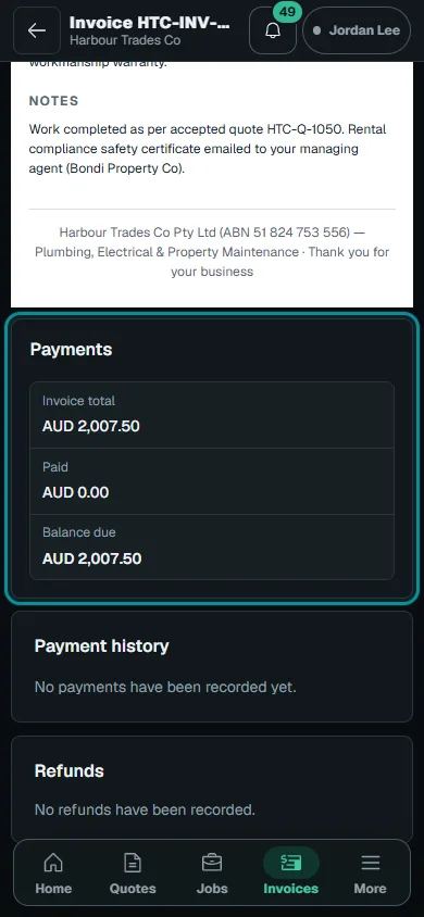 Review shared jobs and customer invoices: Pay when offered on phone