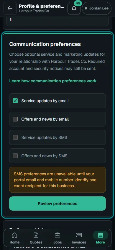 Read portal notifications and preferences: Review communication preferences on phone