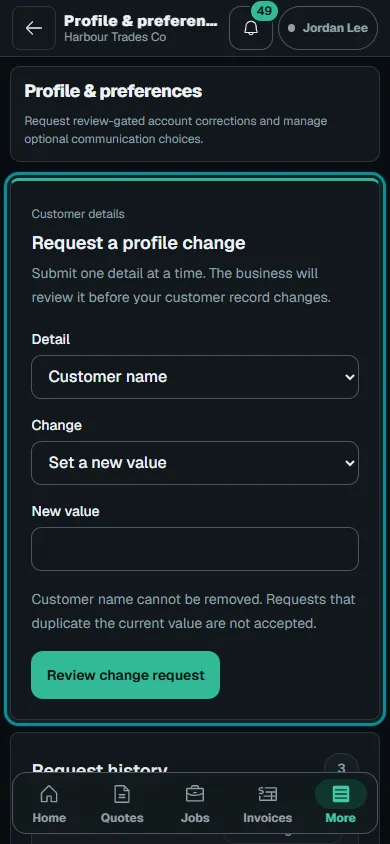 Manage your portal profile and account: Request a profile change on phone