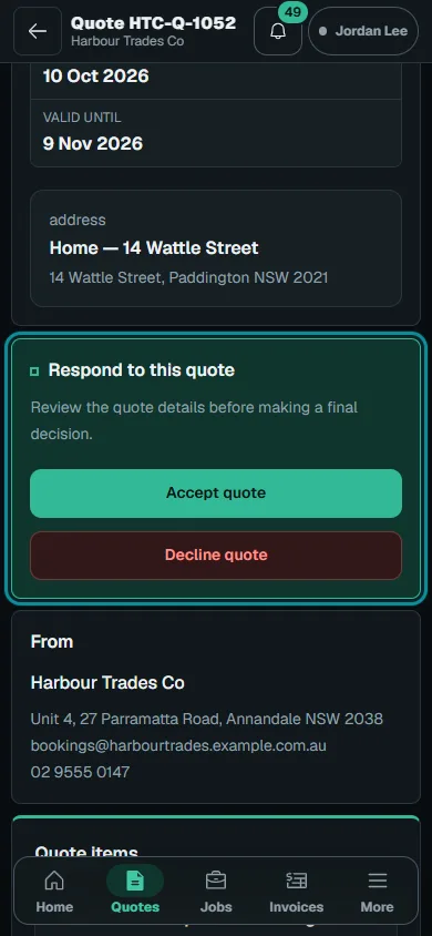 Review and answer a customer quote: Open the shared quote on phone