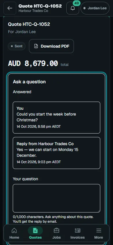 Review and answer a customer quote: Ask a question on phone