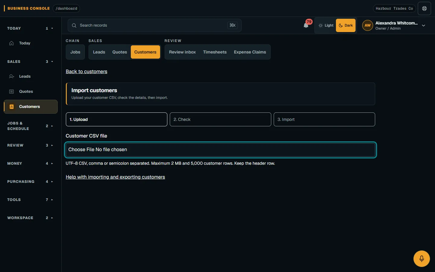 Import or export your customers: Choose the customer CSV file on desktop