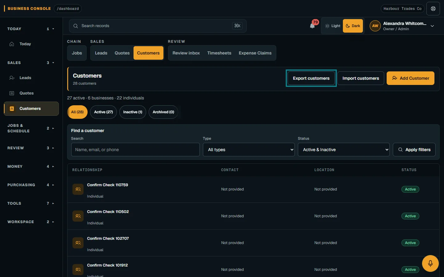 Import or export your customers: Export customers from the Customers list on desktop