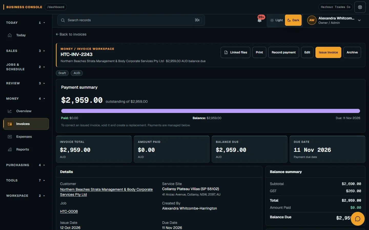 Nenvik demo desktop invoice draft showing the GST entry setting and invoice item area