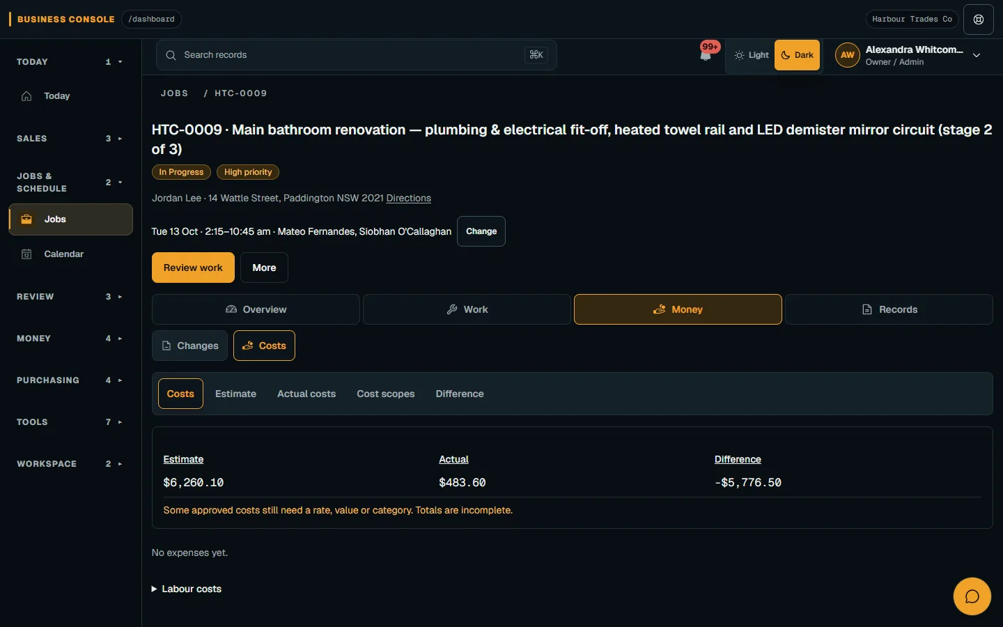 Nenvik demo job cost screen showing Estimate, Actual and Difference grouped by currency