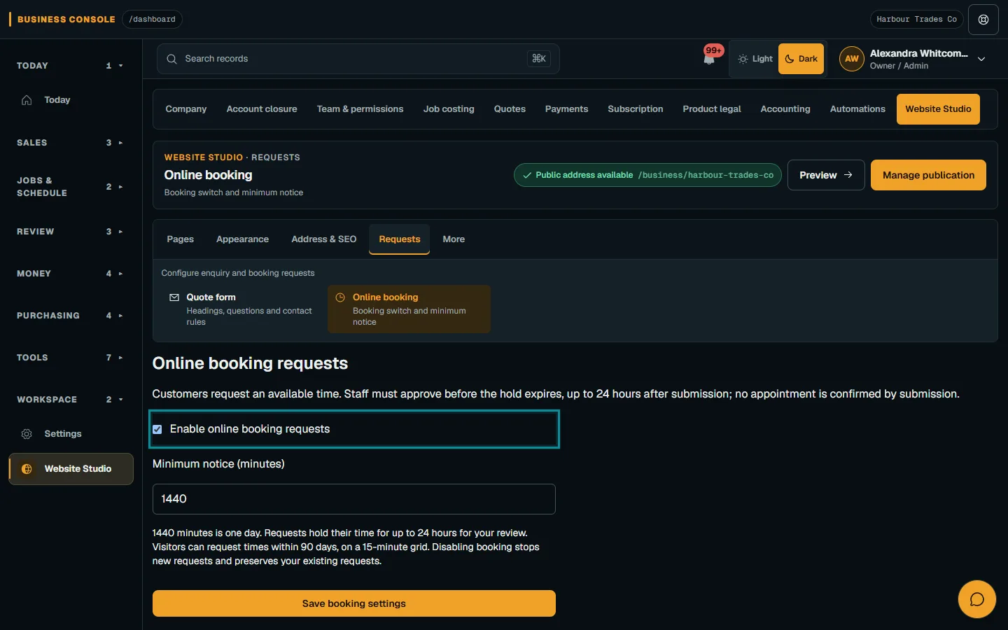 Online booking settings with booking requests enabled