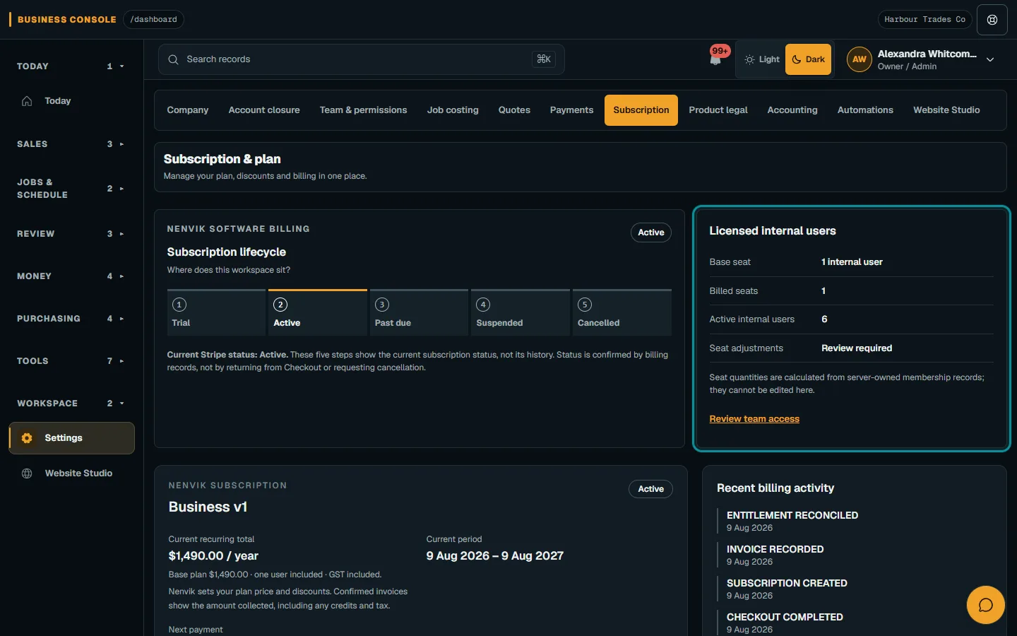 Nenvik demo Subscription and plan settings showing licensed internal users and seat availability