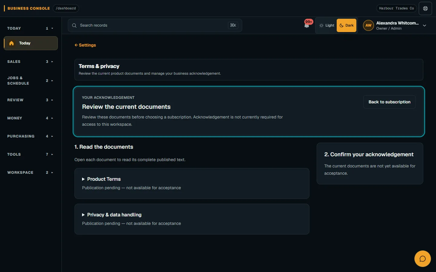 Review updated product documents: Open Product legal on desktop