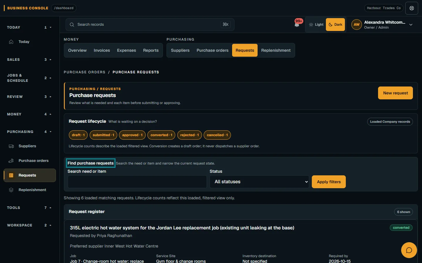 Create and review purchase requests: Find the request on desktop