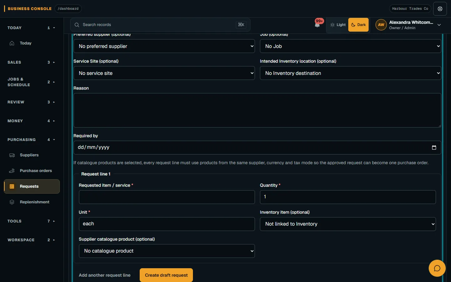 Create and review purchase requests: Prepare the draft on desktop