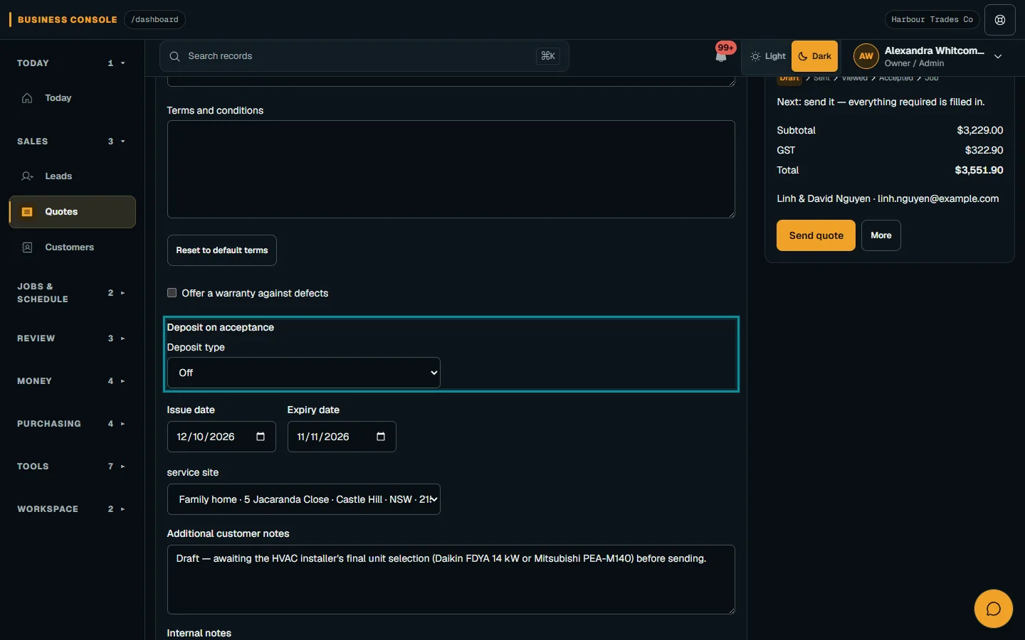 Nenvik demo quote settings on desktop with Deposit on acceptance highlighted
