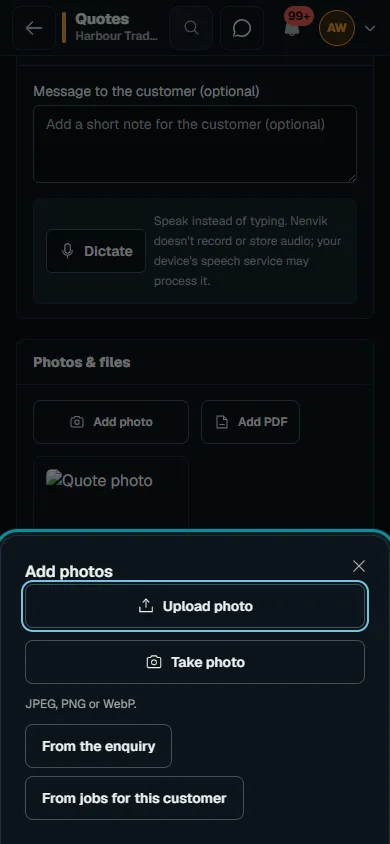 Nenvik demo draft quote with a saved photo and Add photo controls open