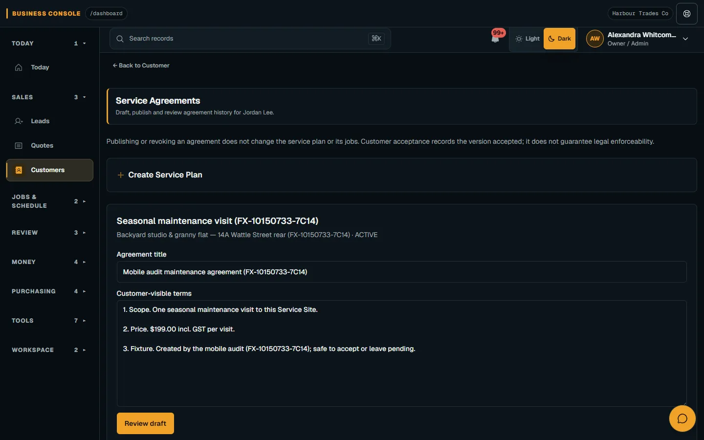 Create service plans and customer agreements: Open the customer’s Service Agreements on desktop