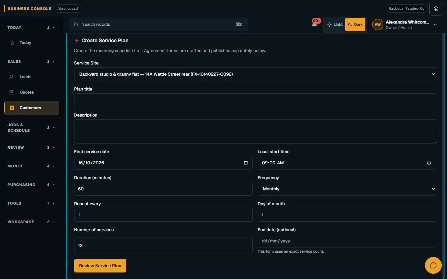 Create service plans and customer agreements: Create the Service Plan on desktop