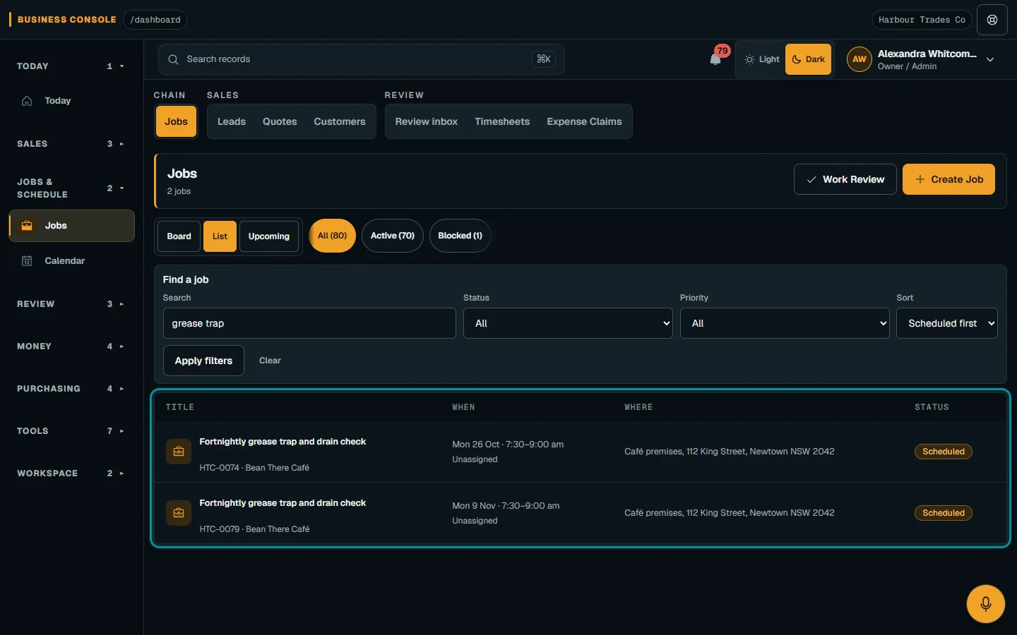 Nenvik demo desktop job register showing Scheduled, unassigned jobs created from a fortnightly service plan