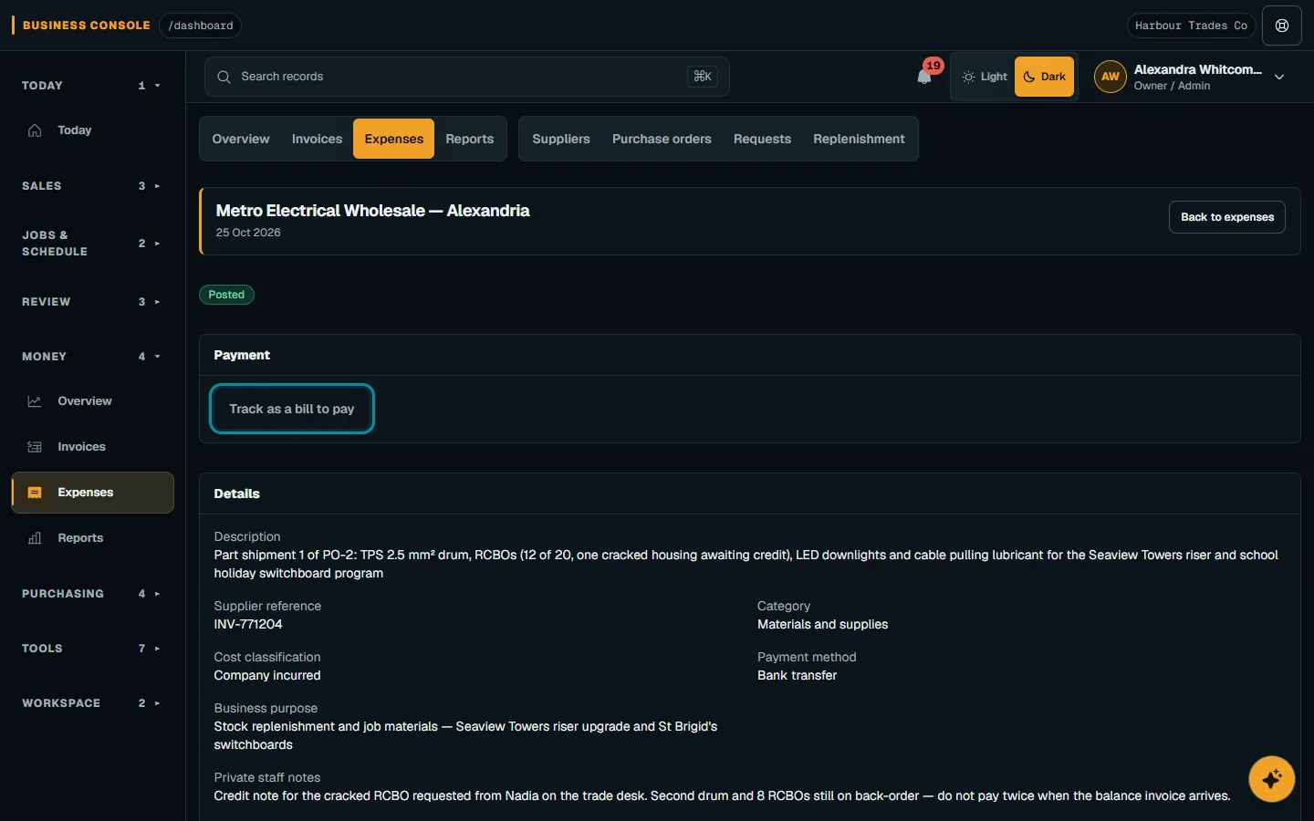 Expense detail on desktop with the Track as a bill to pay button in the Payment card highlighted