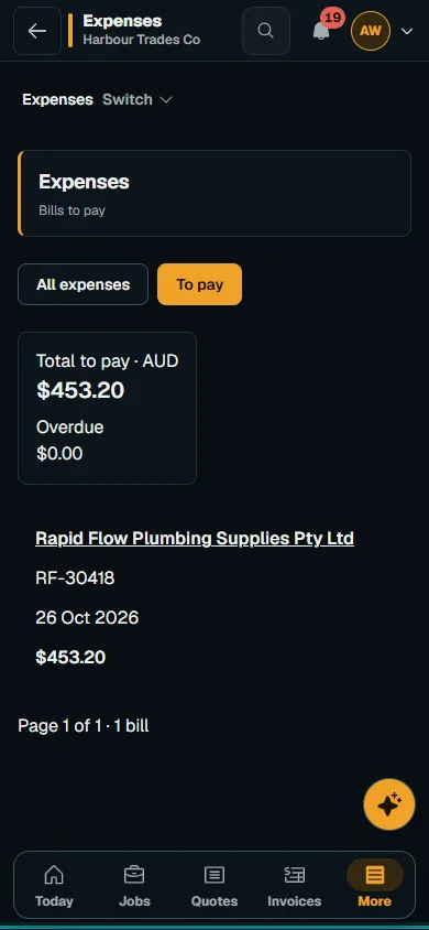 To pay view on a phone showing unpaid supplier bills and their due dates