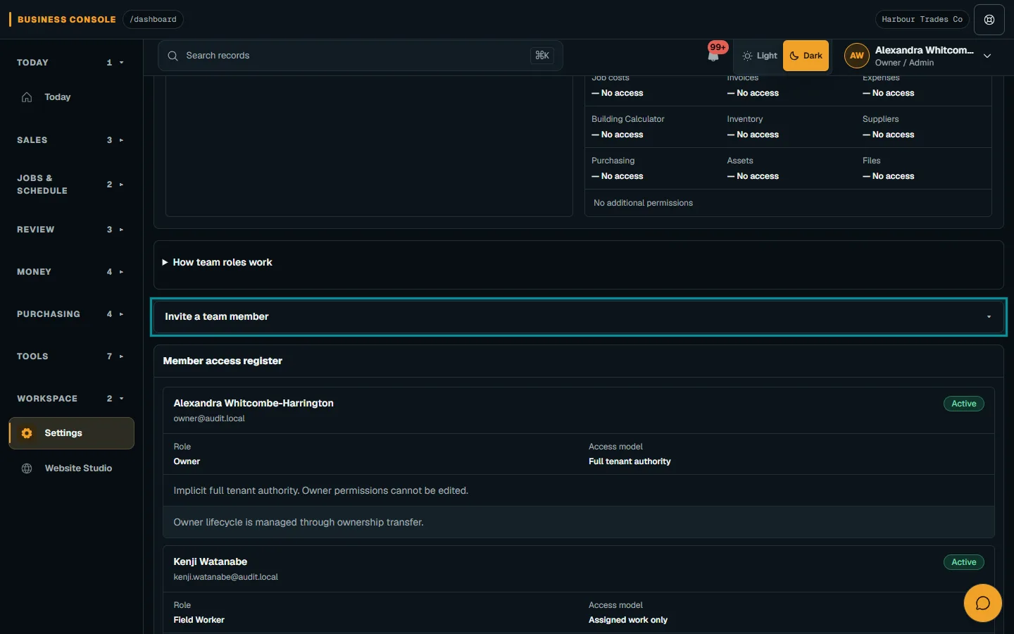 Invite the team and manage permissions: Invite one person on desktop