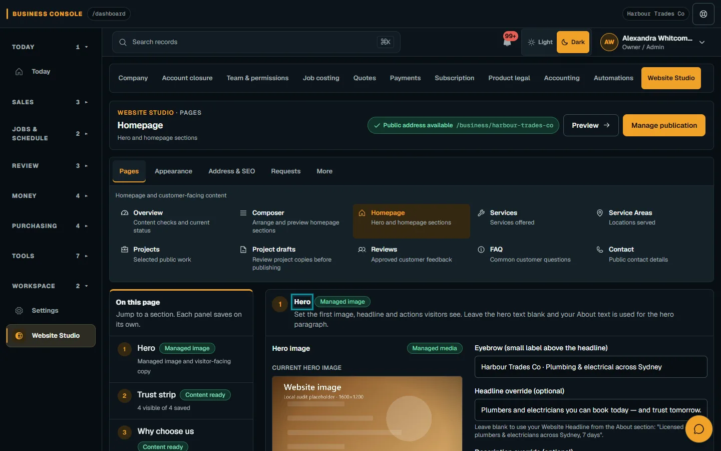 Edit website pages and section order: Choose the content page on desktop