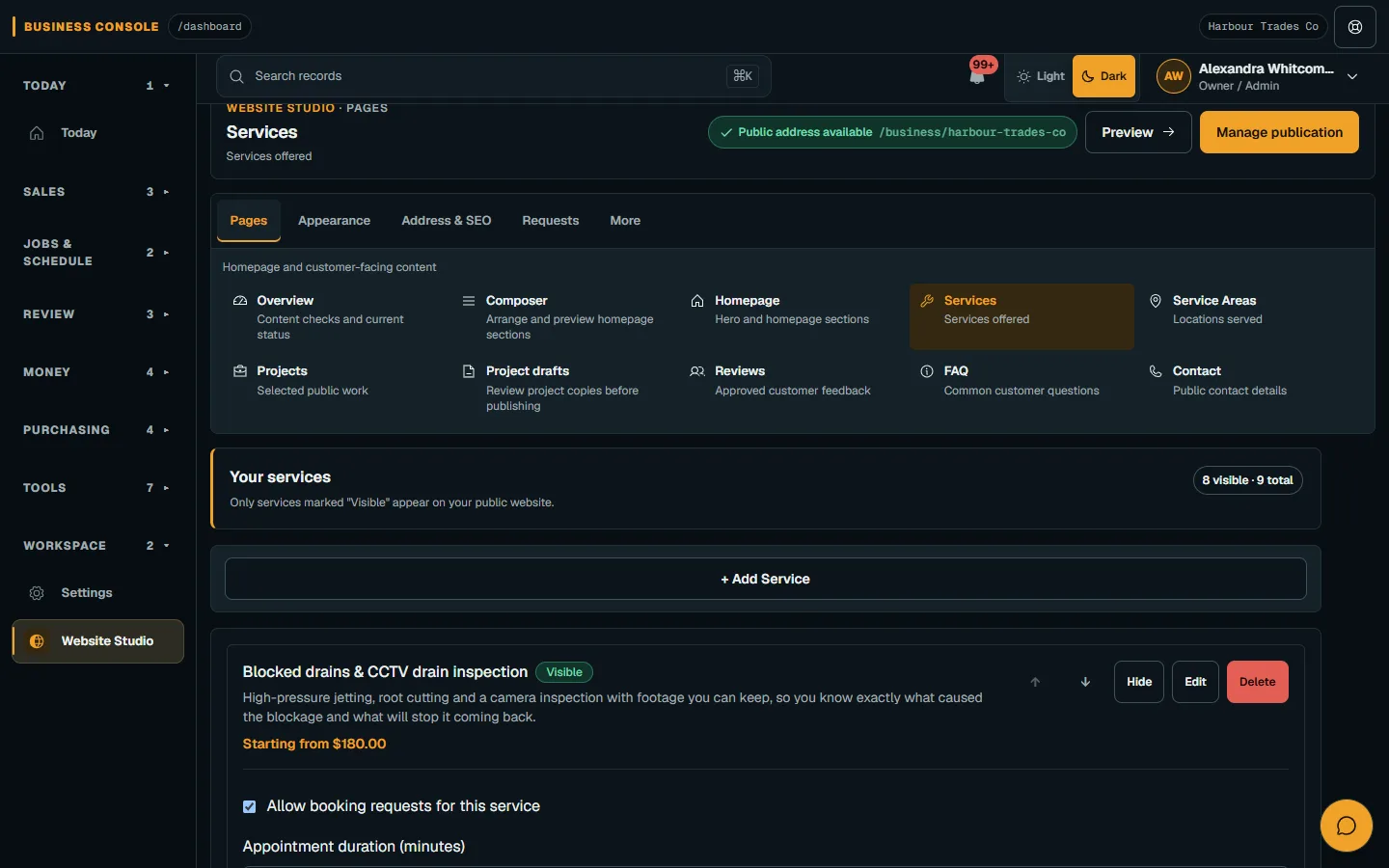 Edit website pages and section order: Edit one area on desktop