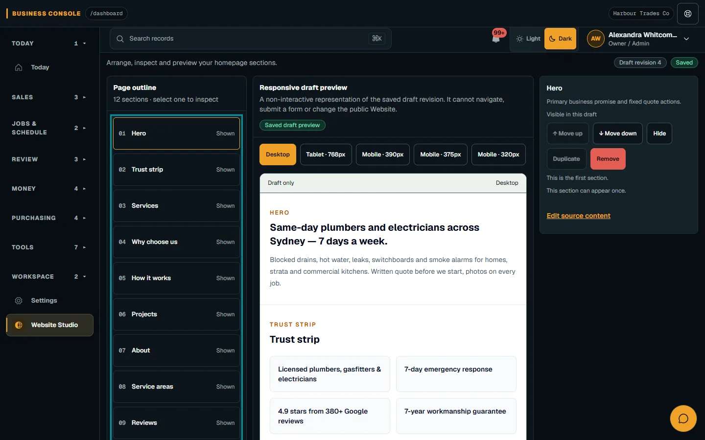 Edit website pages and section order: Arrange a section draft on desktop