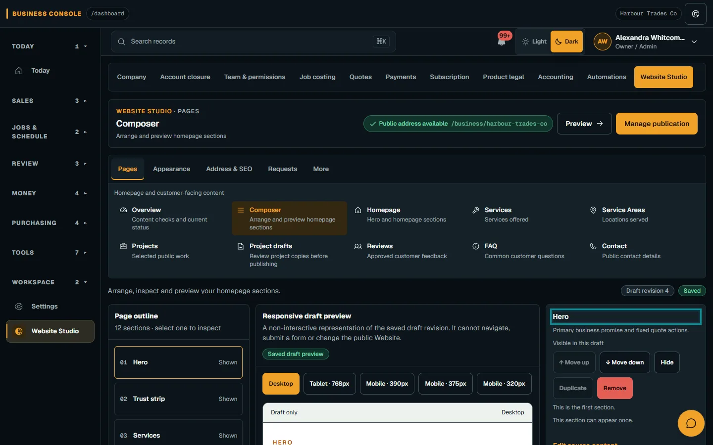 Edit website pages and section order: Save and preview on desktop