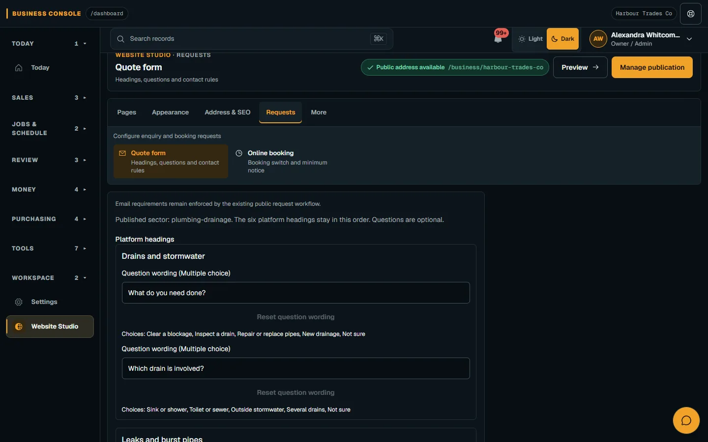 Set up quote requests and online booking: Review the Quote form on desktop