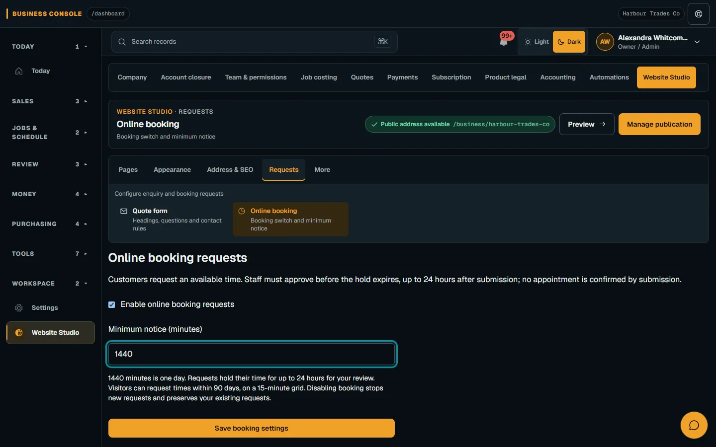 Set up quote requests and online booking: Set booking availability on desktop