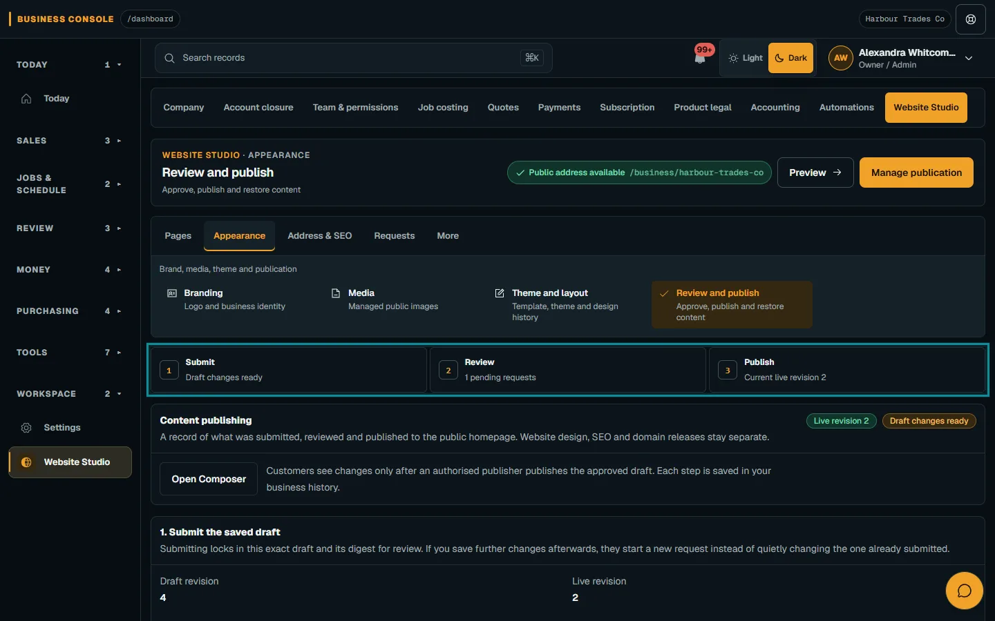 Review and publish website content: Open the publication steps on desktop