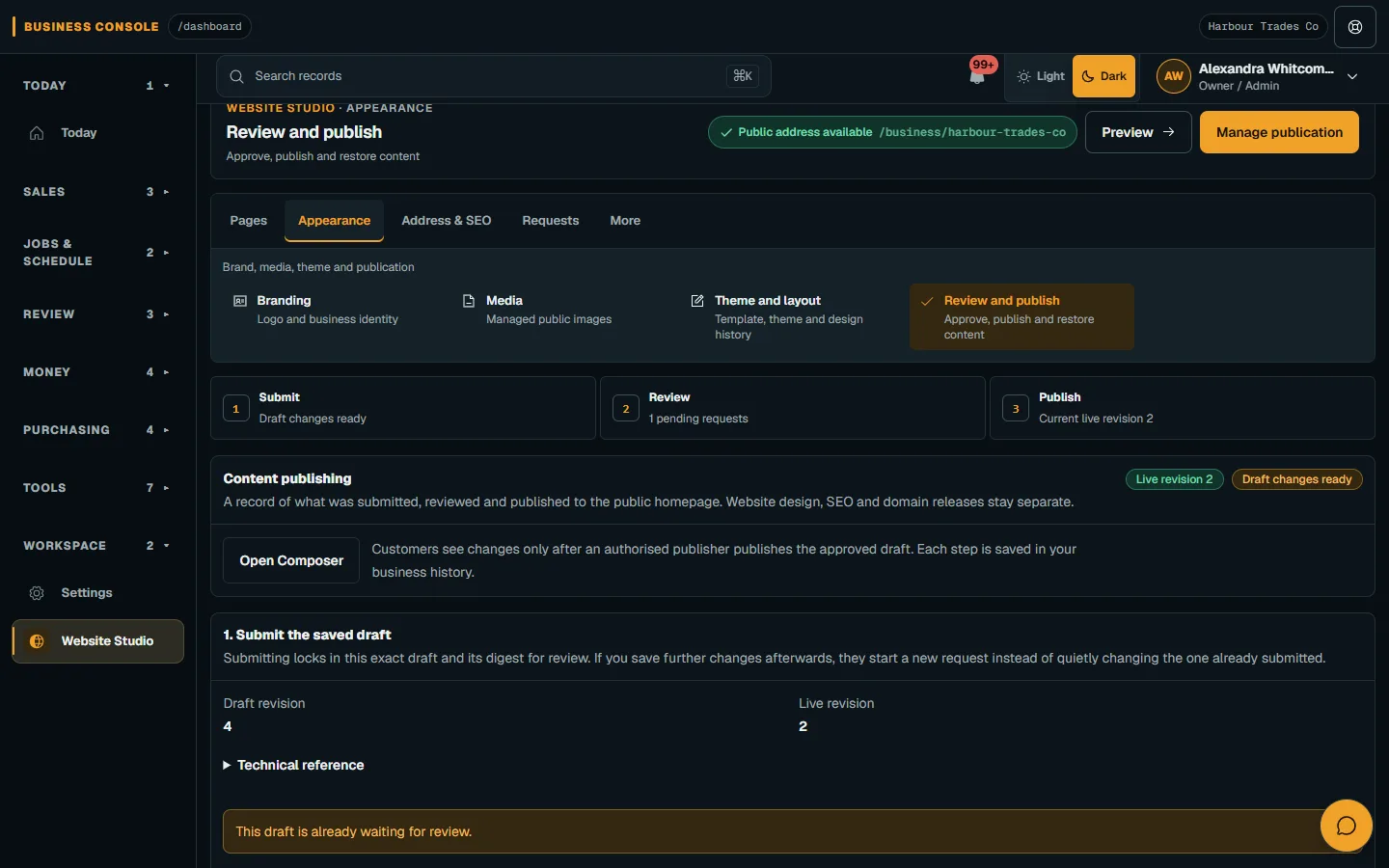 Review and publish website content: Publish approved content on desktop