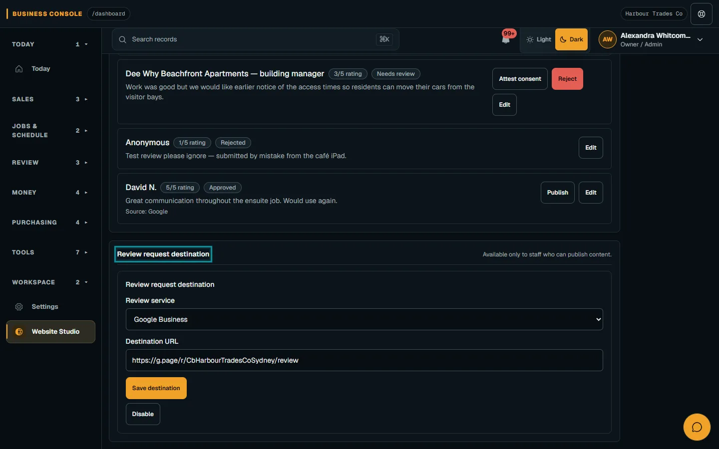 Publish approved reviews and project evidence: Set the review destination separately on desktop