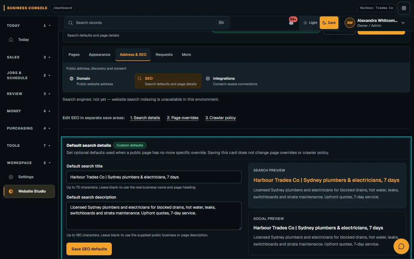 Review website search settings and address: Choose the SEO edit area on desktop