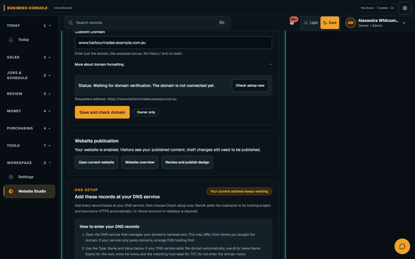 Review website search settings and address: Connect the domain as the Owner on desktop