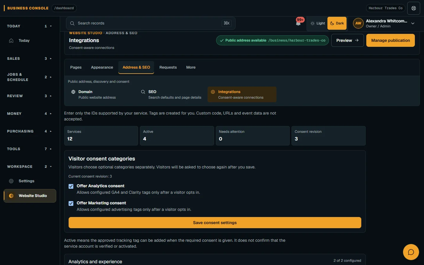 Review website search settings and address: Review Integrations separately on desktop
