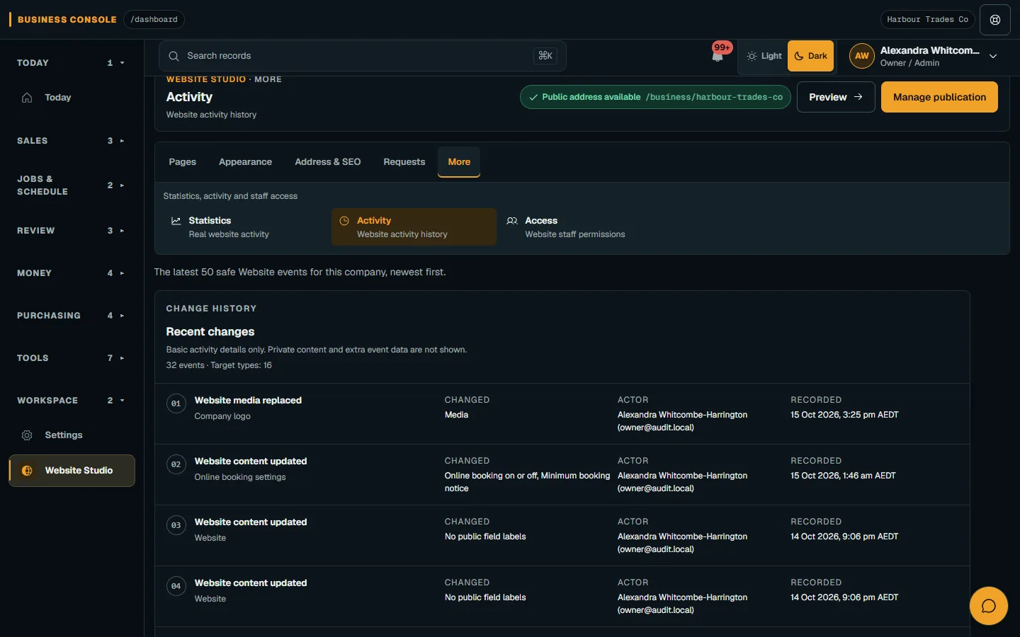 Read website activity and manage access: Review Activity on desktop