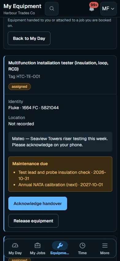 Review your assigned equipment: Open My Equipment on phone