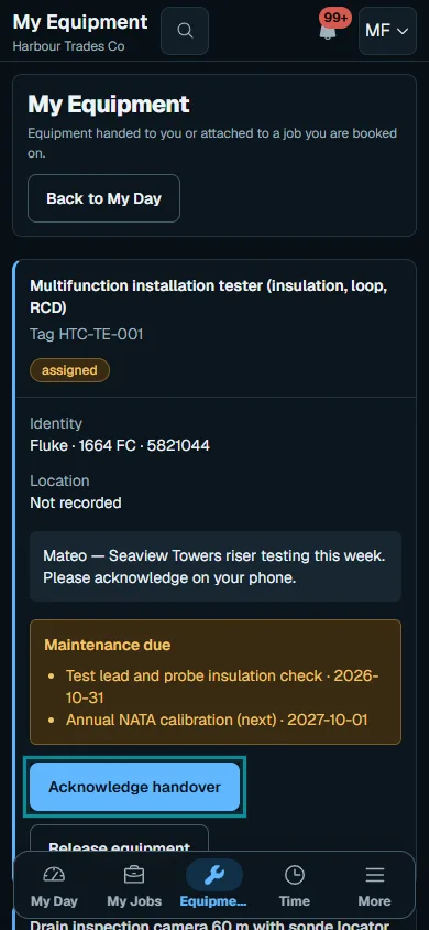 Review your assigned equipment: Review the handover on phone