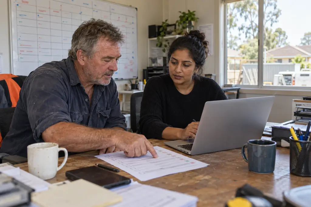 A trade business owner and office manager comparing notes on a laptop and printed checklist in a small site office