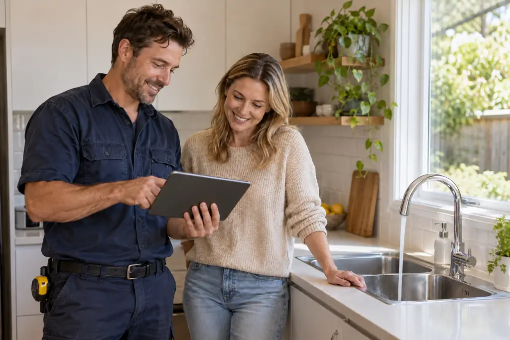 A plumber and homeowner looking at a tablet beside newly fitted chrome kitchen tapware in a sunlit home