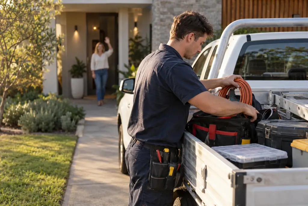 An electrician packing tools into a white ute in a suburban driveway at the end of a job