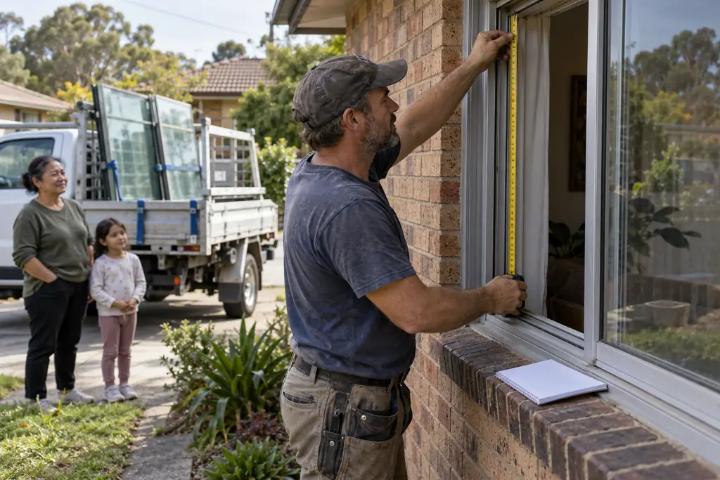 A glazier measuring an old aluminium sliding window opening at a brick house with a notepad on the sill and glass panels on a ute