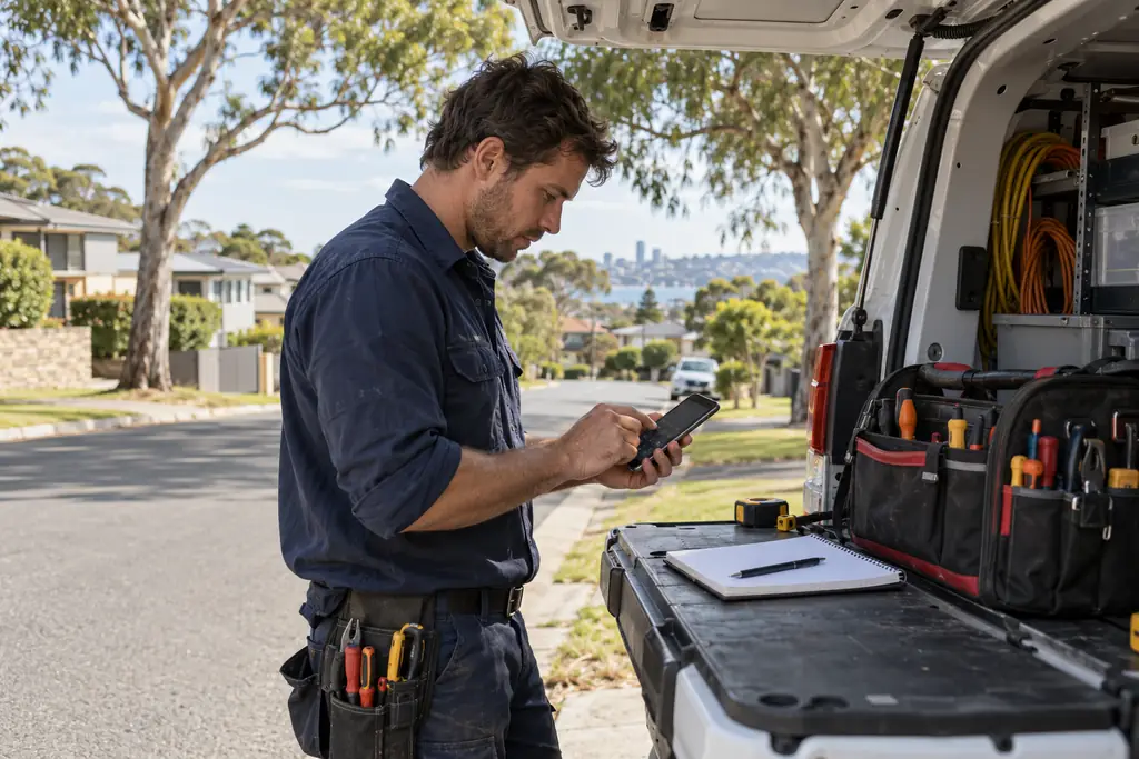An electrician at a work van tailgate working out numbers on a phone calculator with a notepad